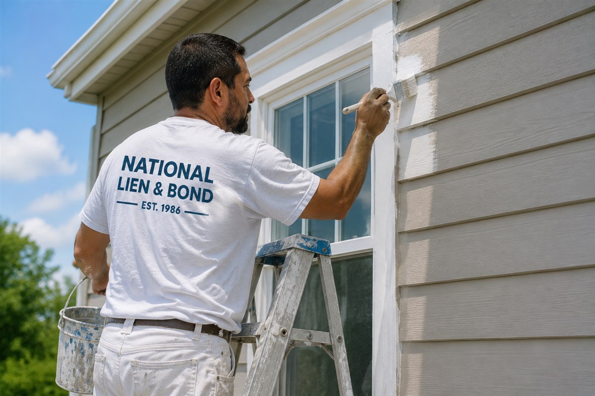 House painter cutting in fresh trim around a window from a ladder on a clear day, September lien law update