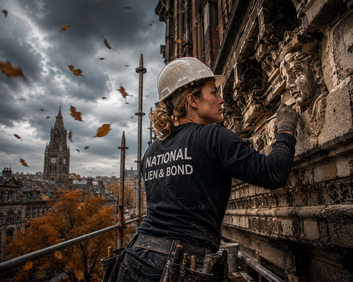 Restoration mason recarving one stone face on a historic facade under autumn skies, one piece replaced while the rest stands like a severability clause