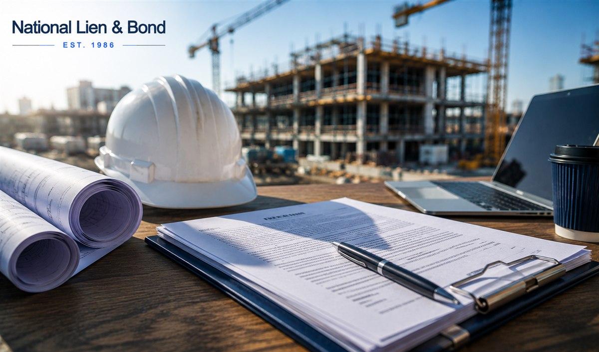 Printed construction contract terms and conditions on a clipboard beside a hard hat, rolled blueprints and laptop at a job site desk