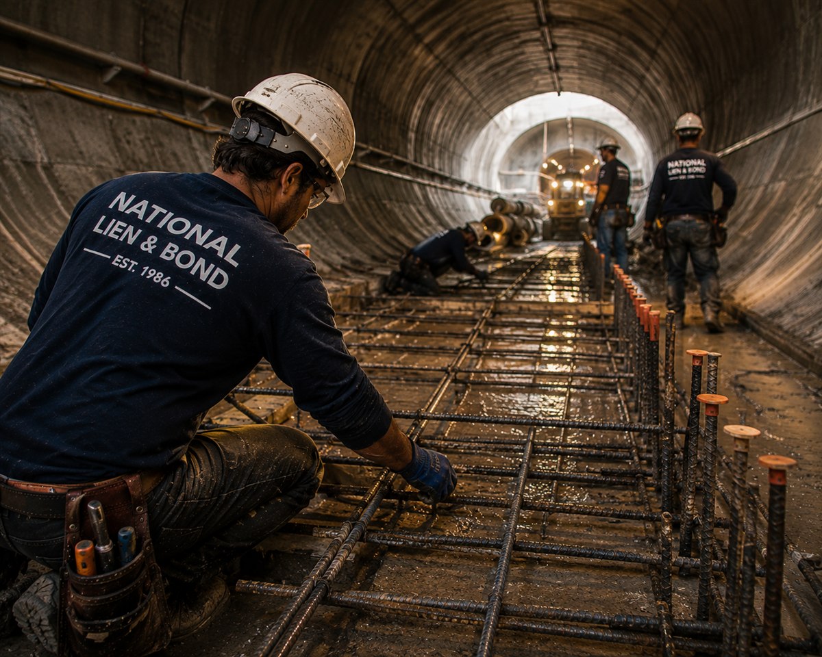 Rebar crew building the invert inside a huge tunnel, a federal public project where subcontractor rights run through the payment bond