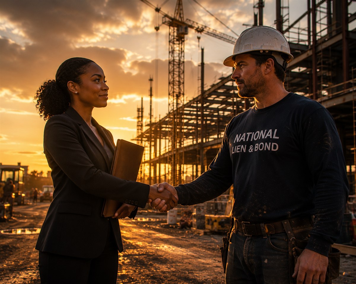 Owner and contractor shaking hands on a steel-frame jobsite at sunset, the negotiation that locks in payment terms