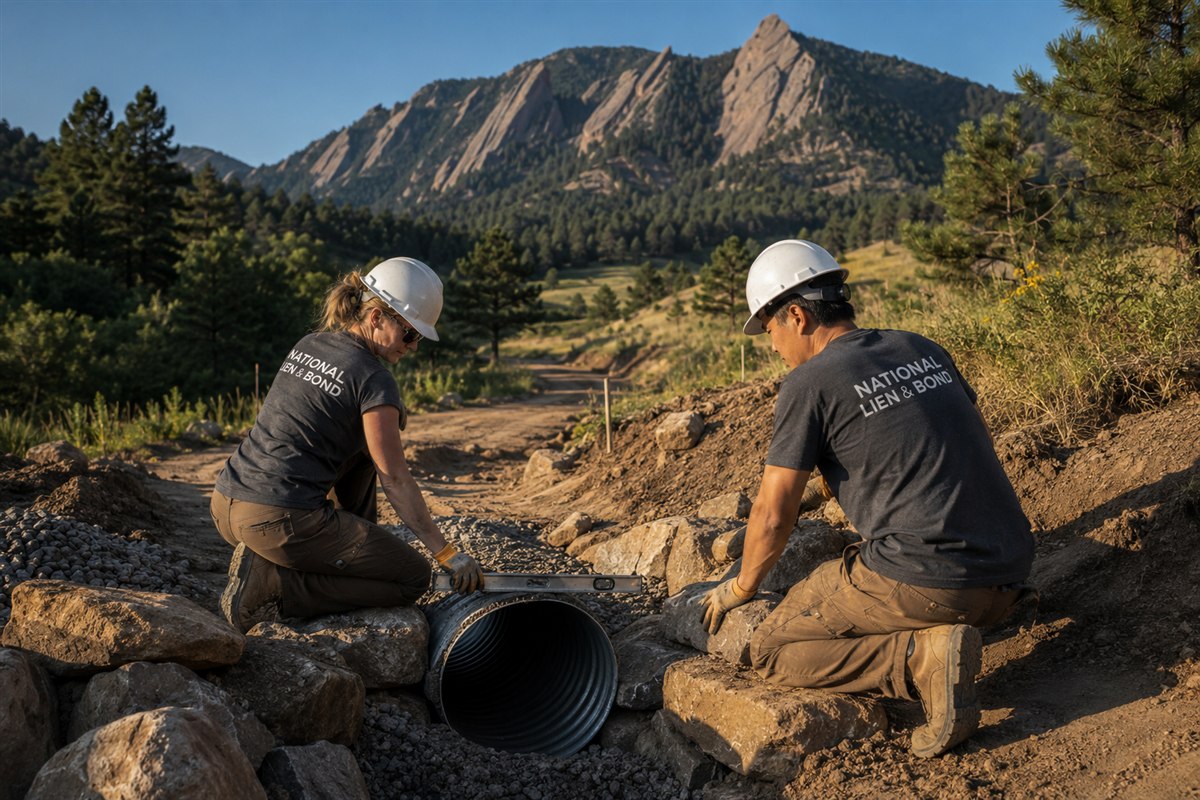 Two workers checking a level across twin culvert sections meeting in the middle beneath the Flatirons, both sides lining up like a dispute finding resolution