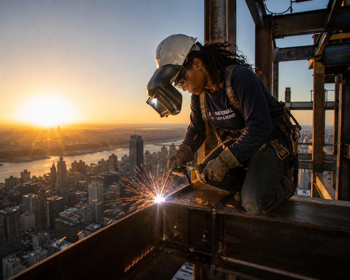 Welder joining beams on high steel above the Manhattan skyline at sunset, the projects behind lien releases in New York