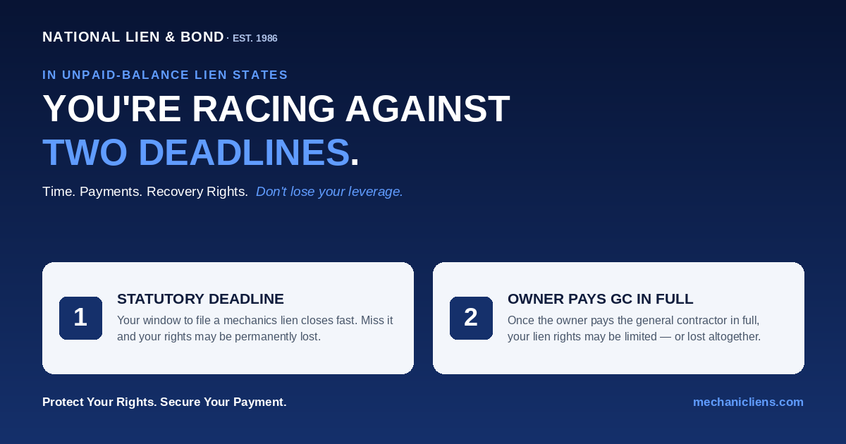 Unpaid-balance lien states infographic - in unpaid balance lien states you are racing against two deadlines: the statutory deadline to file a mechanics lien, and the moment the owner pays the general contractor in full, which can limit or eliminate your lien rights.