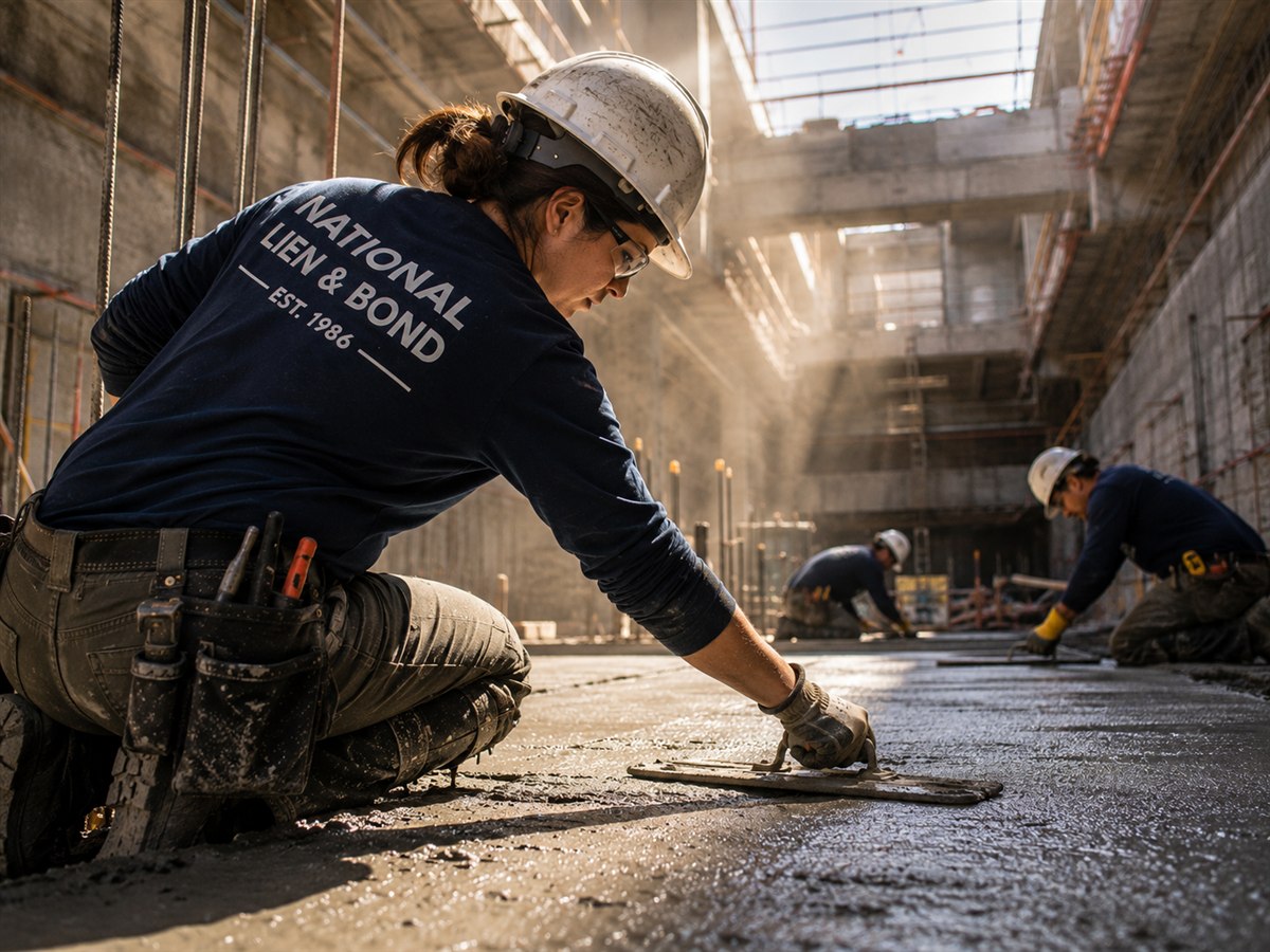 Concrete crew hand-troweling a slab deep inside a massive concrete structure, the kind of stadium project hit with unpaid construction bills