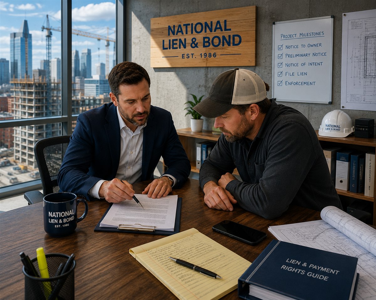 Lien compliance advisor walking a contractor through a project milestones checklist covering notices, lien filing and enforcement
