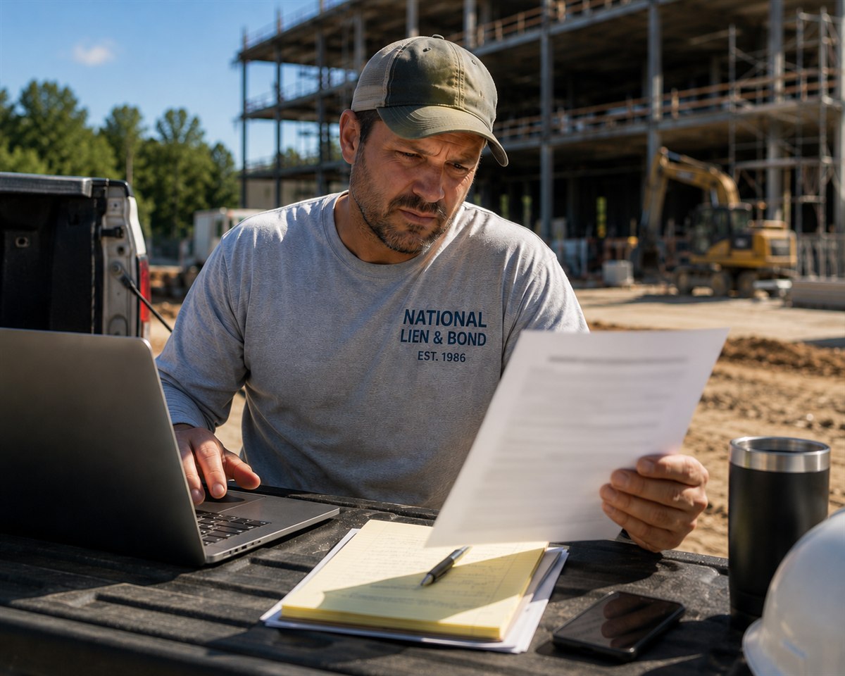 Contractor on his tailgate reading a lien waiver form beside his laptop with a skeptical look