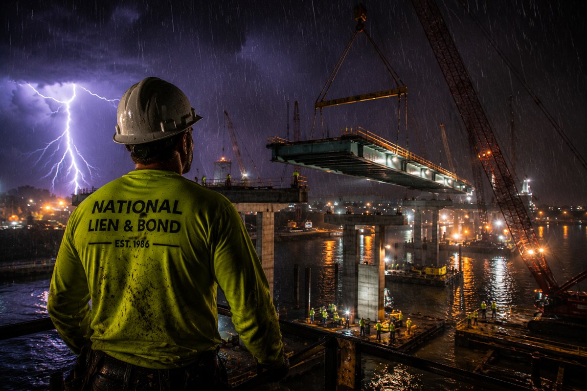 Bridge girder swinging from a crane over the river as lightning splits the night sky, protecting what you are owed in turbulent times