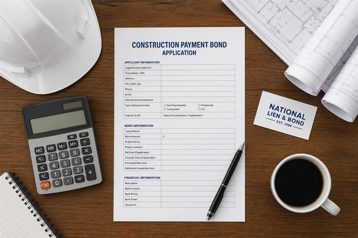 Blank construction payment bond application on a desk with a hard hat, calculator, and rolled blueprints, explaining payment and performance bonds