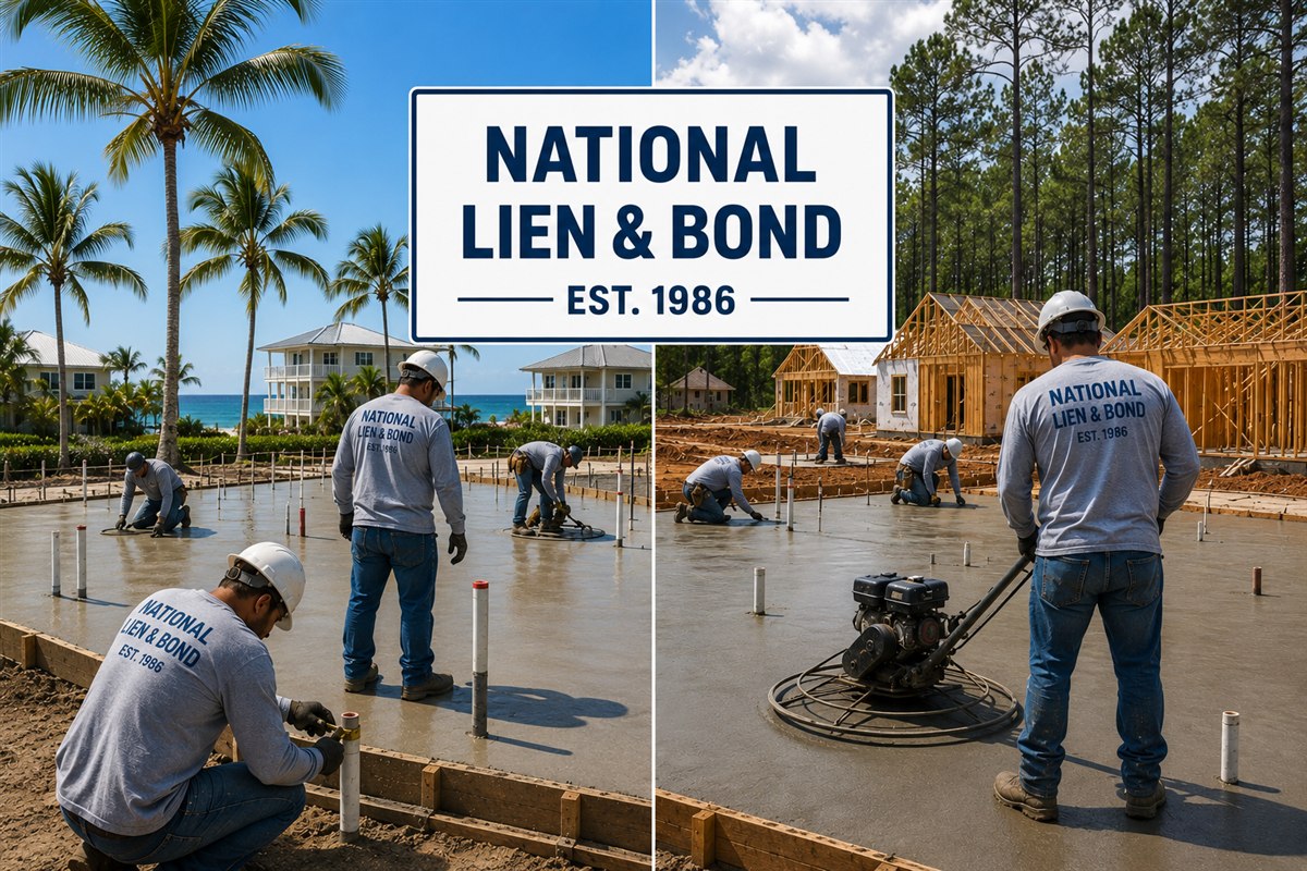 Concrete finisher screeding a fresh slab with a second worker floating the far edge, twin new-construction pours side by side