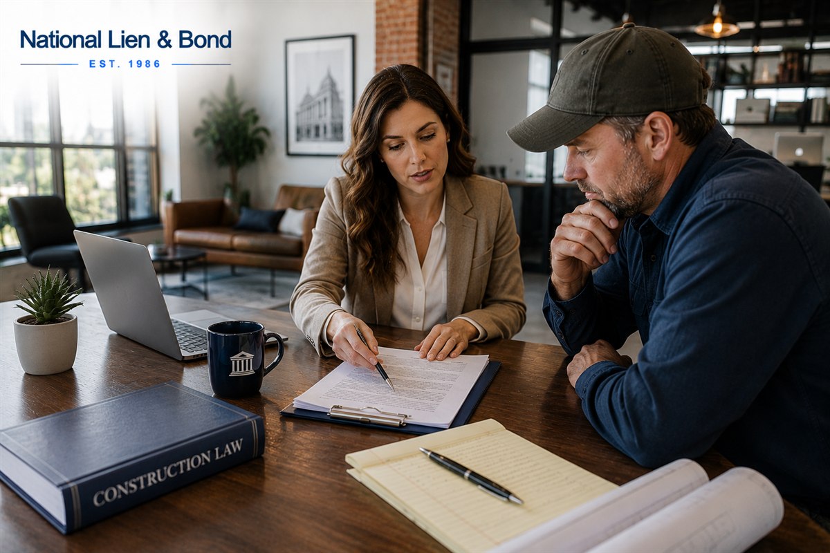 Construction lawyer walking a contractor client through legal documents beside a construction law book