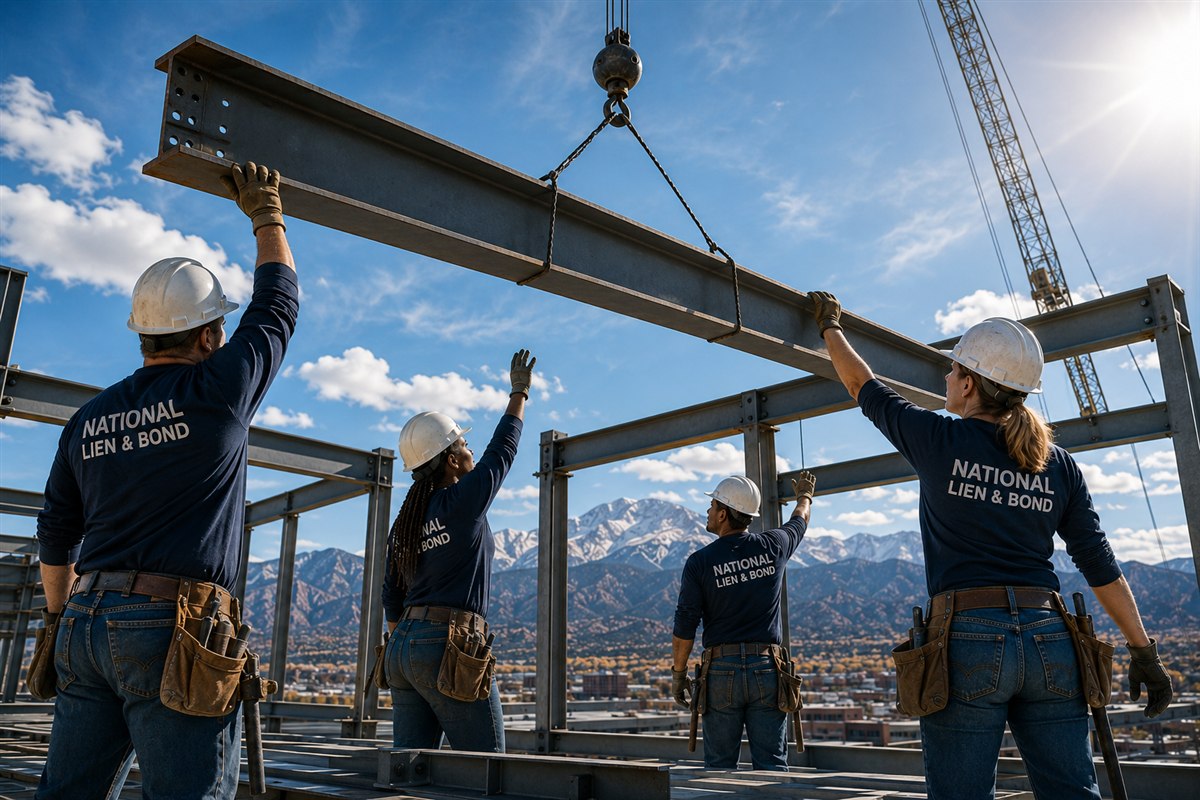 Four ironworkers guiding a crane-hung steel beam into place, every party with a hand on the same piece the way a joint check agreement puts every party on the same payment