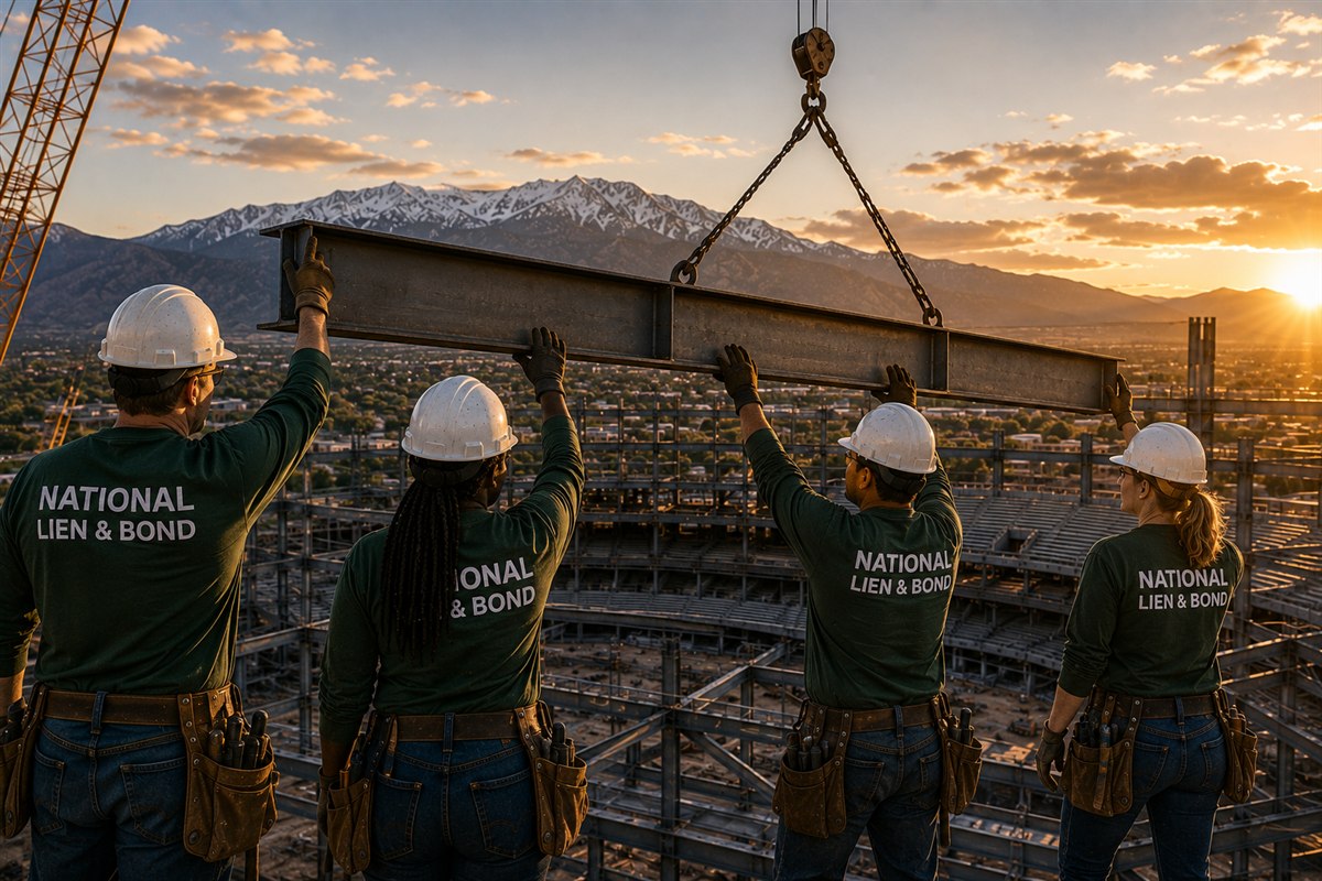 Crew guiding a chain-slung beam into place at sunset, holding on until the piece is secured the way a lien release waits for payment to land