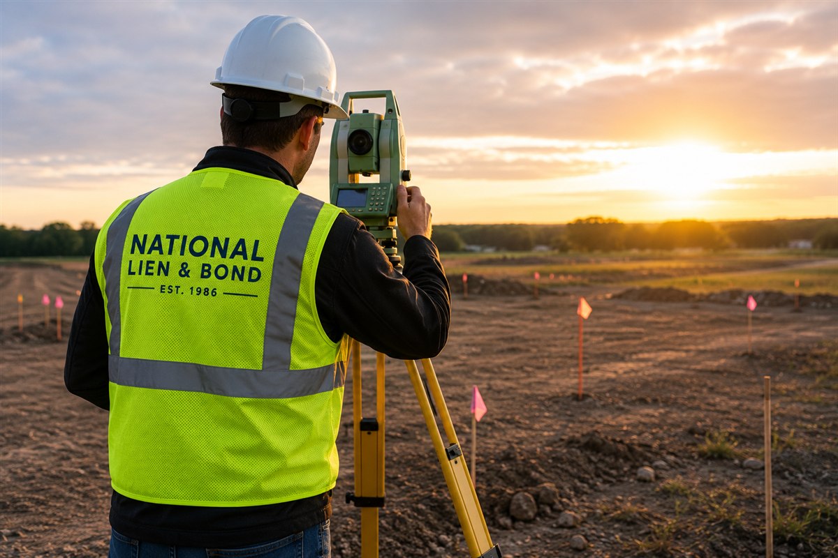 Surveyor setting stakes on a graded lot at sunrise as a project begins, when a notice of commencement is recorded