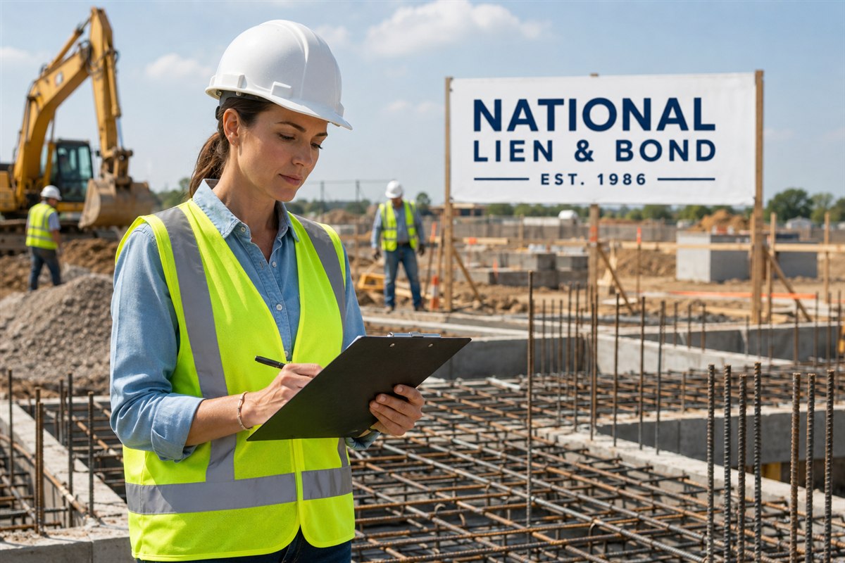 Construction professional completing a project compliance checklist on a clipboard at a foundation site with rebar