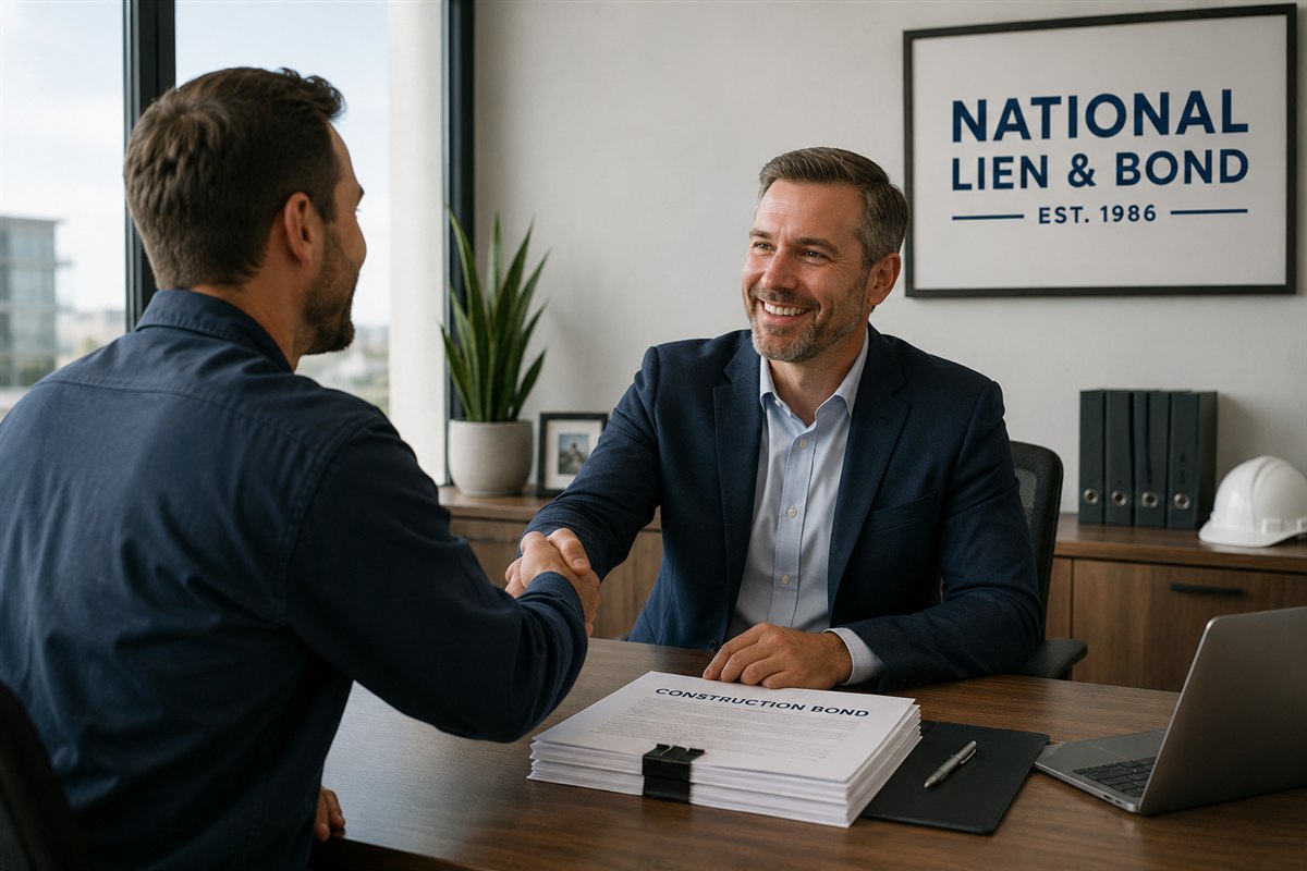 Surety agent shaking hands with a contractor over a signed construction bond package, how a surety bond helps ensure prompt payment