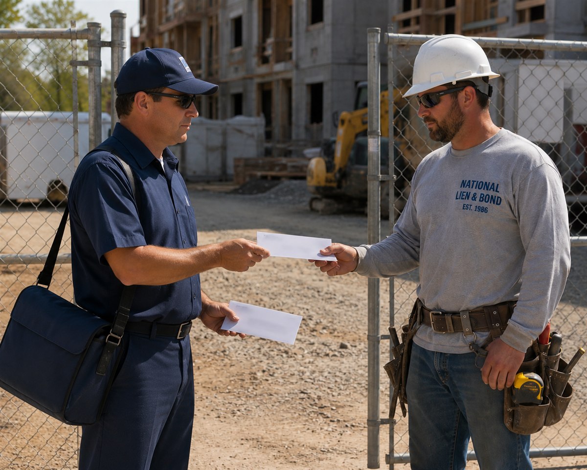 Mail carrier handing a contractor two identical envelopes at a jobsite gate