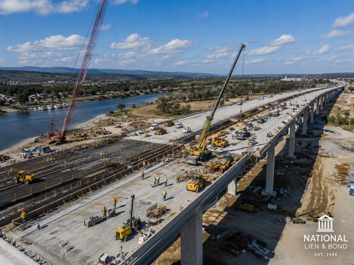 Aerial view of a bonded public highway bridge project under construction across a river with cranes and work crews