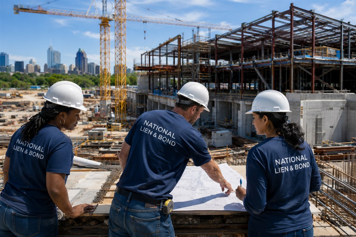 Three builders leaning over drawings at the edge of a tower-crane jobsite, pen on the plans, negotiating the terms before the work