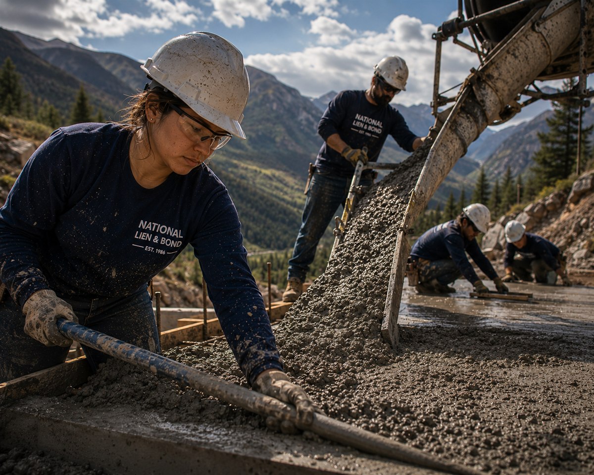 Crew placing concrete from a mixer chute on a mountain canyon road, the public projects behind Miller Act and Little Miller Act bond claims